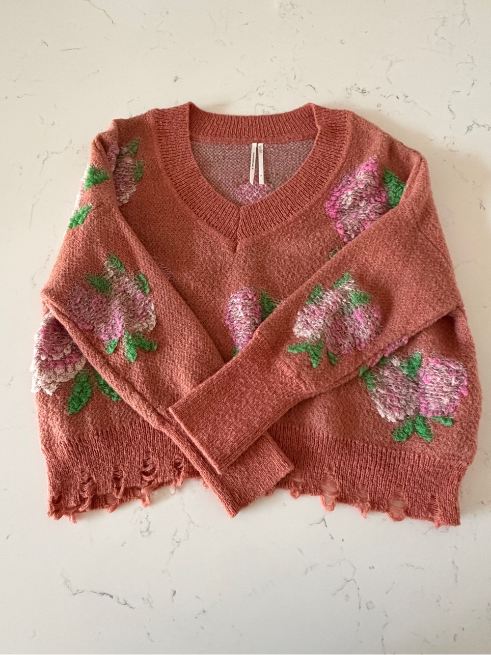 Anthropologie Rosewood Pink Floral V-Neck Sweater